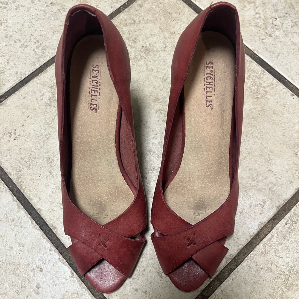 Seychelles Red Peep Toe Heels with Bow Detail